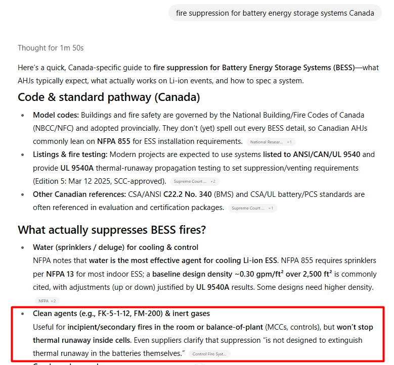 fire suppression for battery energy storage systems Canada
