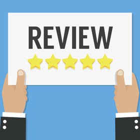 Business hand holding a smartphone, giving a five-star review