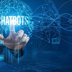 Businessman touching a chatbot icon to illustrate conversational commerce technology