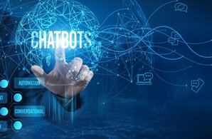 Businessman touching a chatbot icon to illustrate conversational commerce technology