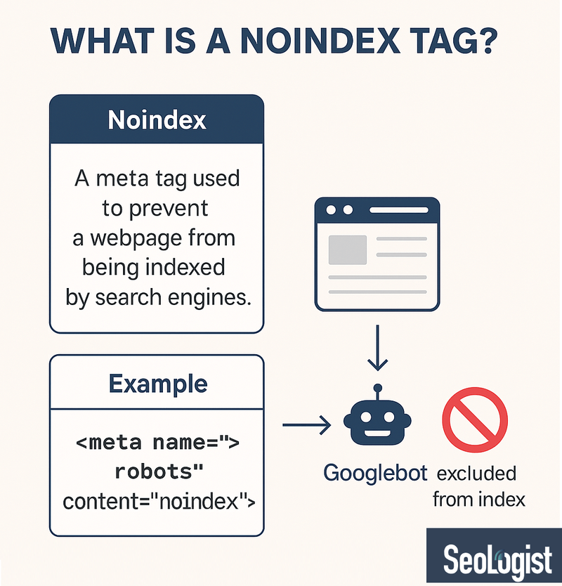 Infographic:  What is a Noindex Tag: with definition, code and diagram showing Googlebot excluding a page from the index.
